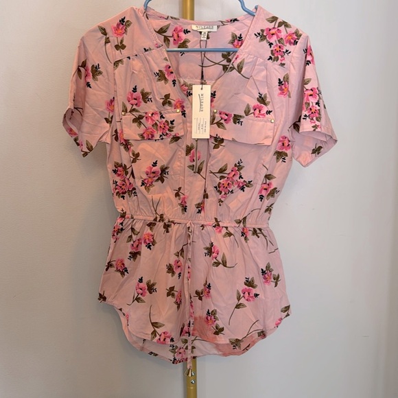Mileage pink floral half zip blouse short sleeve NWT M - Picture 2 of 10